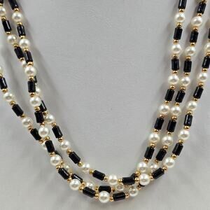 Multi Strand Necklace Jewelry By Seta in Gold Tone Black Beads White Faux Pearl